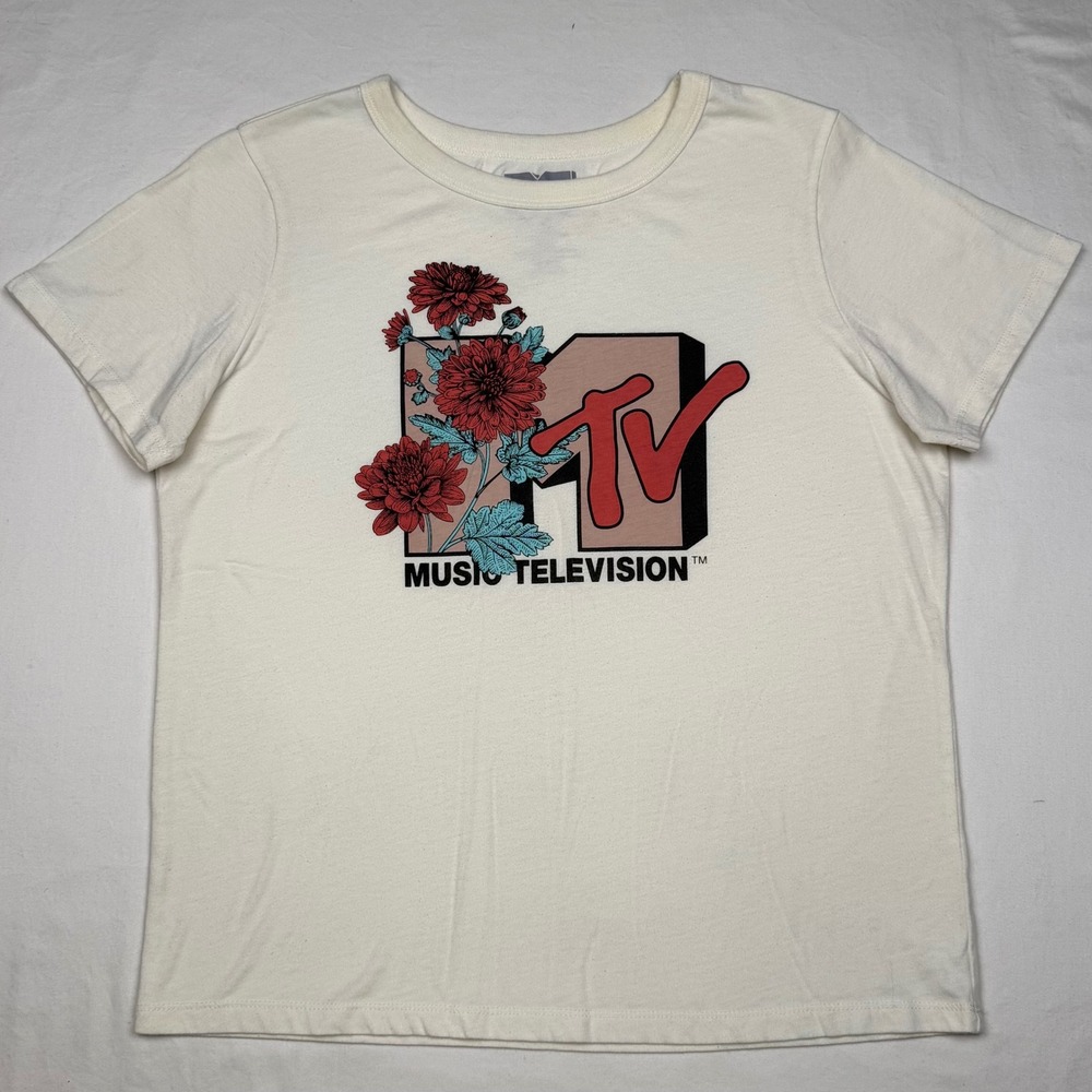 MTV Music Television Floral Logo Graphic T Shirt Cream Women's Size Medium